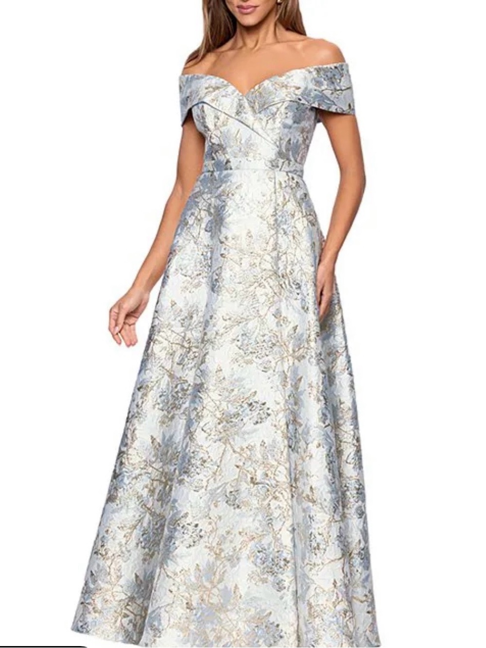 Xscape Off-Shoulder Floral Jacquard Gown in Light Blue and Cream
